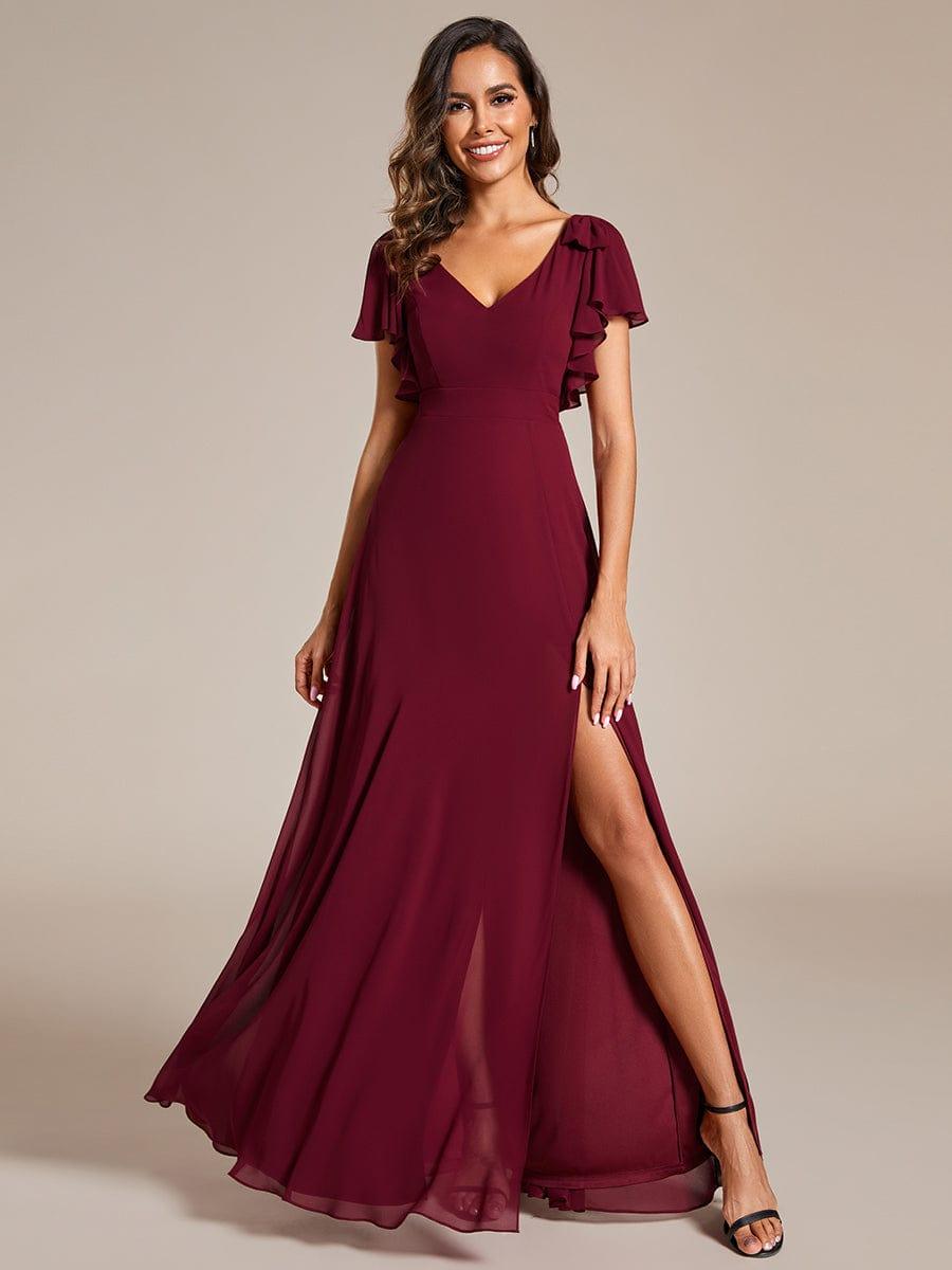 Glamorous Short Sleeves V-Neck A-Line Chiffon Bridesmaid Dress