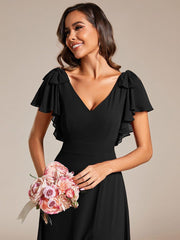 Glamorous Short Sleeves V-Neck A-Line Chiffon Bridesmaid Dress