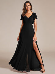 Glamorous Short Sleeves V-Neck A-Line Chiffon Bridesmaid Dress