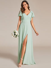 Glamorous Short Sleeves V-Neck A-Line Chiffon Bridesmaid Dress