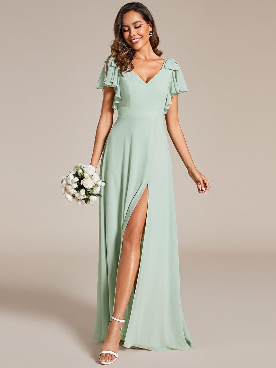 Glamorous Short Sleeves V-Neck A-Line Chiffon Bridesmaid Dress