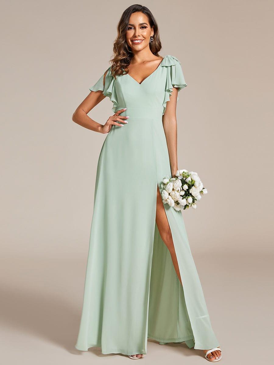 Glamorous Short Sleeves V-Neck A-Line Chiffon Bridesmaid Dress