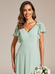 Glamorous Short Sleeves V-Neck A-Line Chiffon Bridesmaid Dress