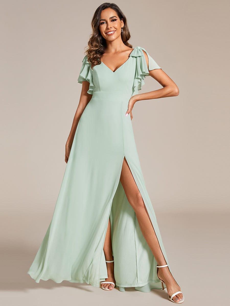 Glamorous Short Sleeves V-Neck A-Line Chiffon Bridesmaid Dress