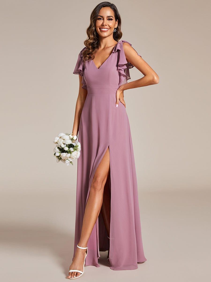 Glamorous Short Sleeves V-Neck A-Line Chiffon Bridesmaid Dress