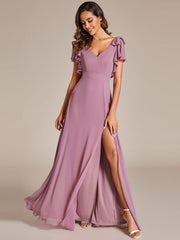 Glamorous Short Sleeves V-Neck A-Line Chiffon Bridesmaid Dress