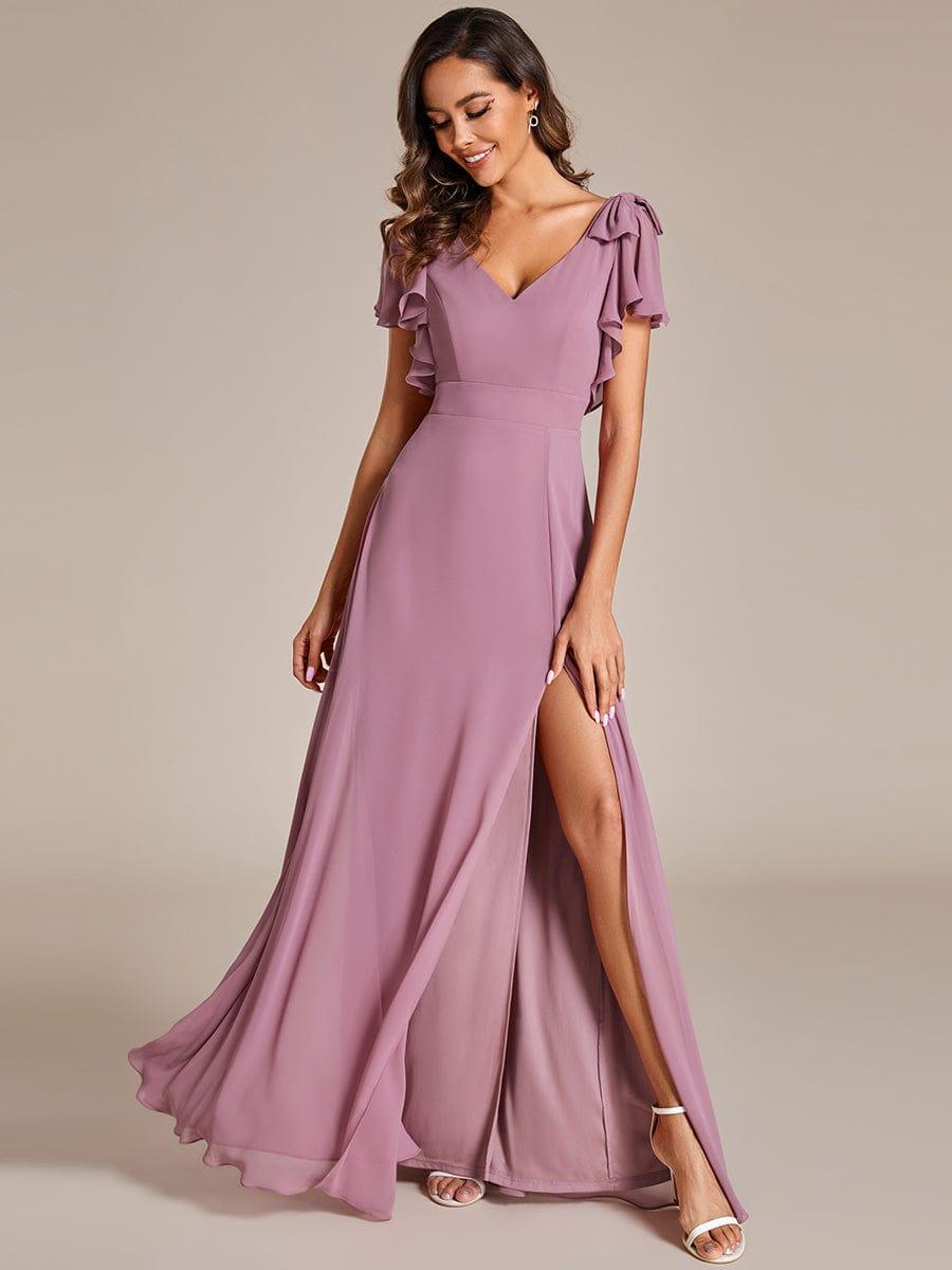 Glamorous Short Sleeves V-Neck A-Line Chiffon Bridesmaid Dress