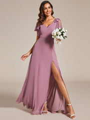 Glamorous Short Sleeves V-Neck A-Line Chiffon Bridesmaid Dress
