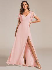 Glamorous Short Sleeves V-Neck A-Line Chiffon Bridesmaid Dress