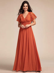 Glamorous Flutter Sleeves A-Line Chiffon Lace Maxi Bridesmaid Dress