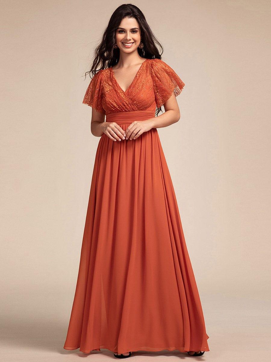 Glamorous Flutter Sleeves A-Line Chiffon Lace Maxi Bridesmaid Dress