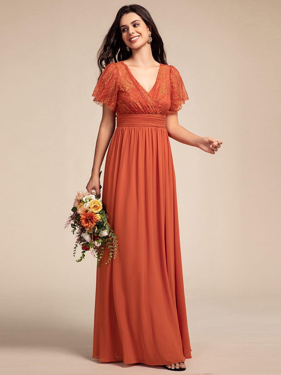 Glamorous Flutter Sleeves A-Line Chiffon Lace Maxi Bridesmaid Dress