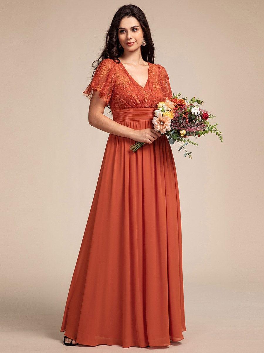 Glamorous Flutter Sleeves A-Line Chiffon Lace Maxi Bridesmaid Dress