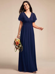 Glamorous Flutter Sleeves A-Line Chiffon Lace Maxi Bridesmaid Dress