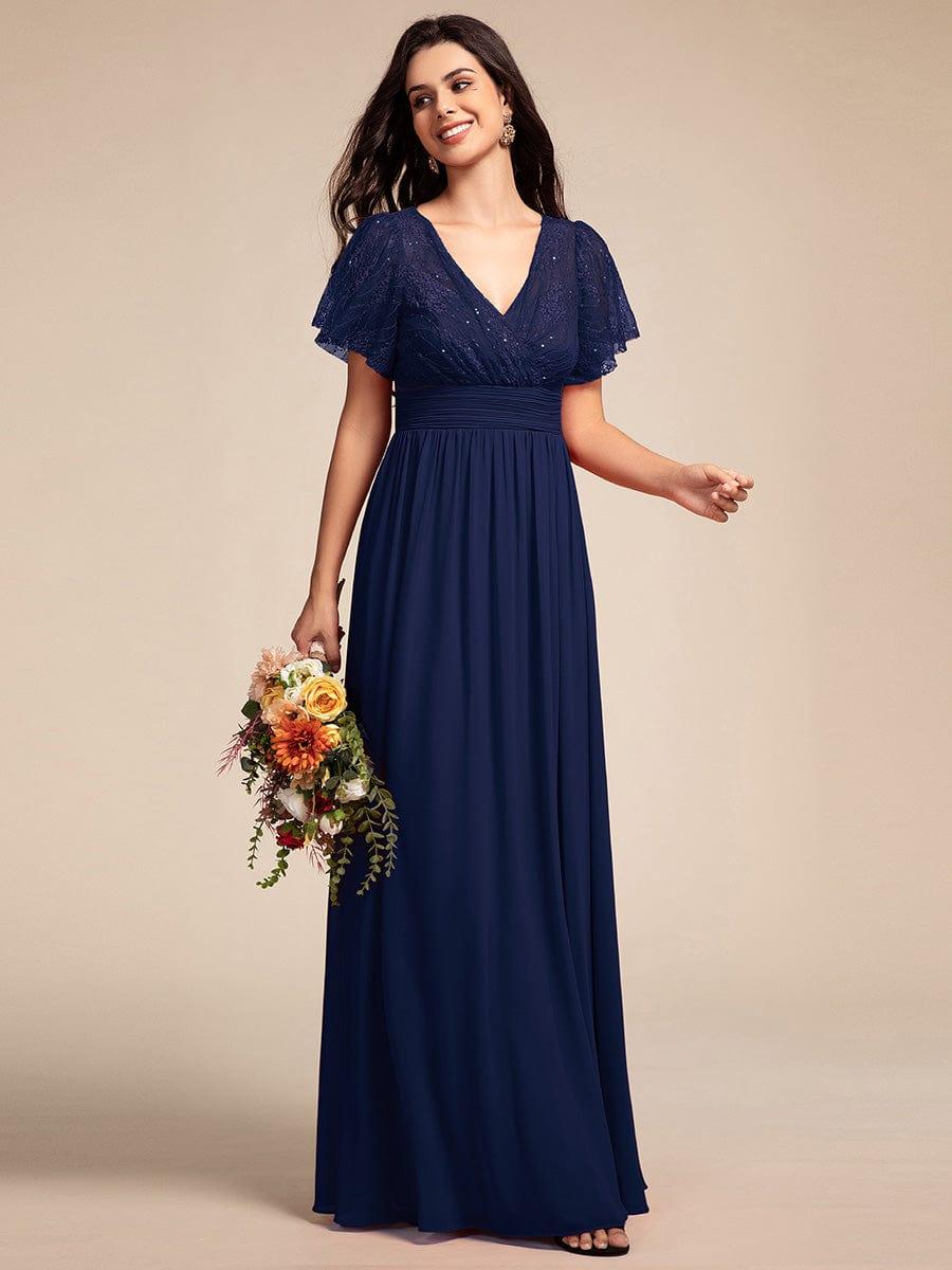 Glamorous Flutter Sleeves A-Line Chiffon Lace Maxi Bridesmaid Dress