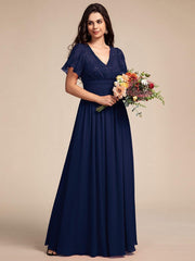 Glamorous Flutter Sleeves A-Line Chiffon Lace Maxi Bridesmaid Dress