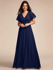 Glamorous Flutter Sleeves A-Line Chiffon Lace Maxi Bridesmaid Dress
