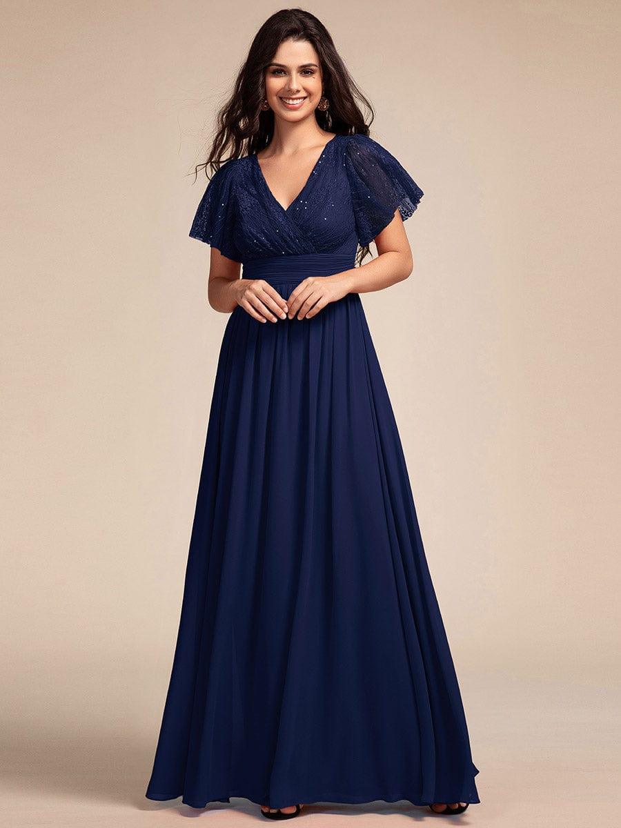 Glamorous Flutter Sleeves A-Line Chiffon Lace Maxi Bridesmaid Dress