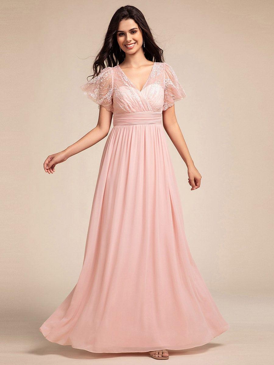 Glamorous Flutter Sleeves A-Line Chiffon Lace Maxi Bridesmaid Dress