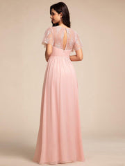Glamorous Flutter Sleeves A-Line Chiffon Lace Maxi Bridesmaid Dress
