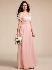 Glamorous Flutter Sleeves A-Line Chiffon Lace Maxi Bridesmaid Dress