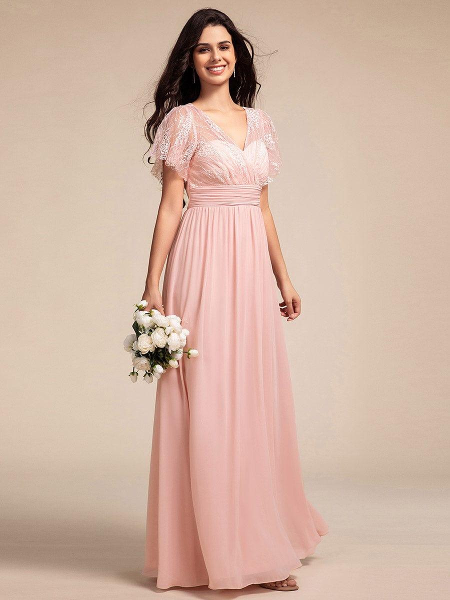 Glamorous Flutter Sleeves A-Line Chiffon Lace Maxi Bridesmaid Dress