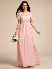 Glamorous Flutter Sleeves A-Line Chiffon Lace Maxi Bridesmaid Dress