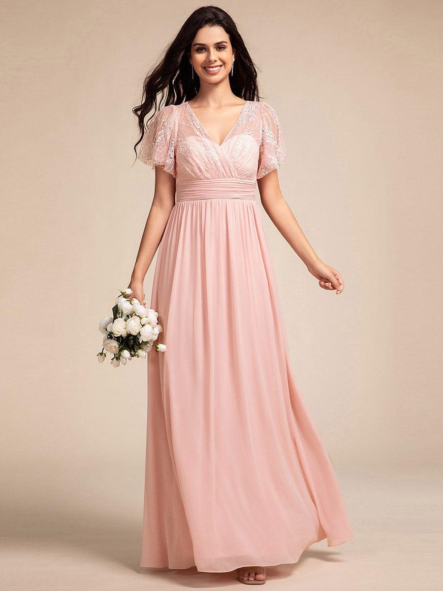 Glamorous Flutter Sleeves A-Line Chiffon Lace Maxi Bridesmaid Dress
