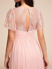Glamorous Flutter Sleeves A-Line Chiffon Lace Maxi Bridesmaid Dress