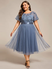 Honorable Plus Size Short Sleeves A-Line Tulle Midi Bridesmaid Dress with Sash