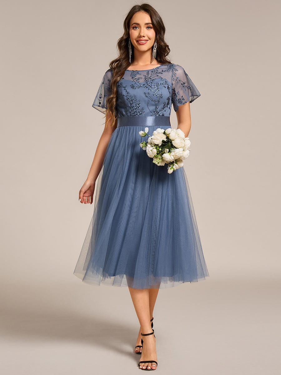 Deluxe A-Line Tea-Length Tulle Junior Bridesmaid Dress with Sash