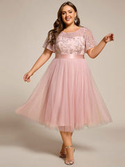 Honorable Plus Size Short Sleeves A-Line Tulle Midi Bridesmaid Dress with Sash