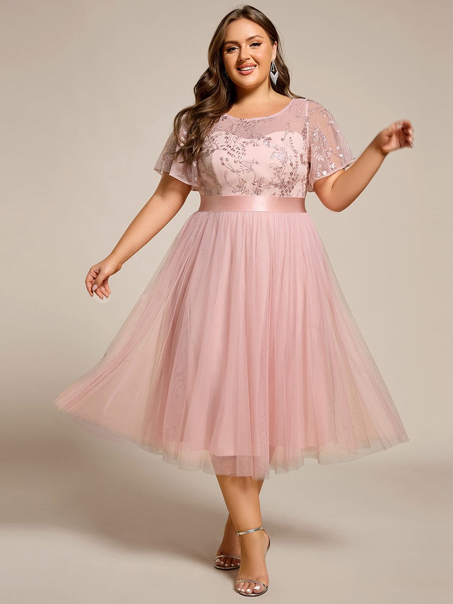Honorable Plus Size Short Sleeves A-Line Tulle Midi Bridesmaid Dress with Sash