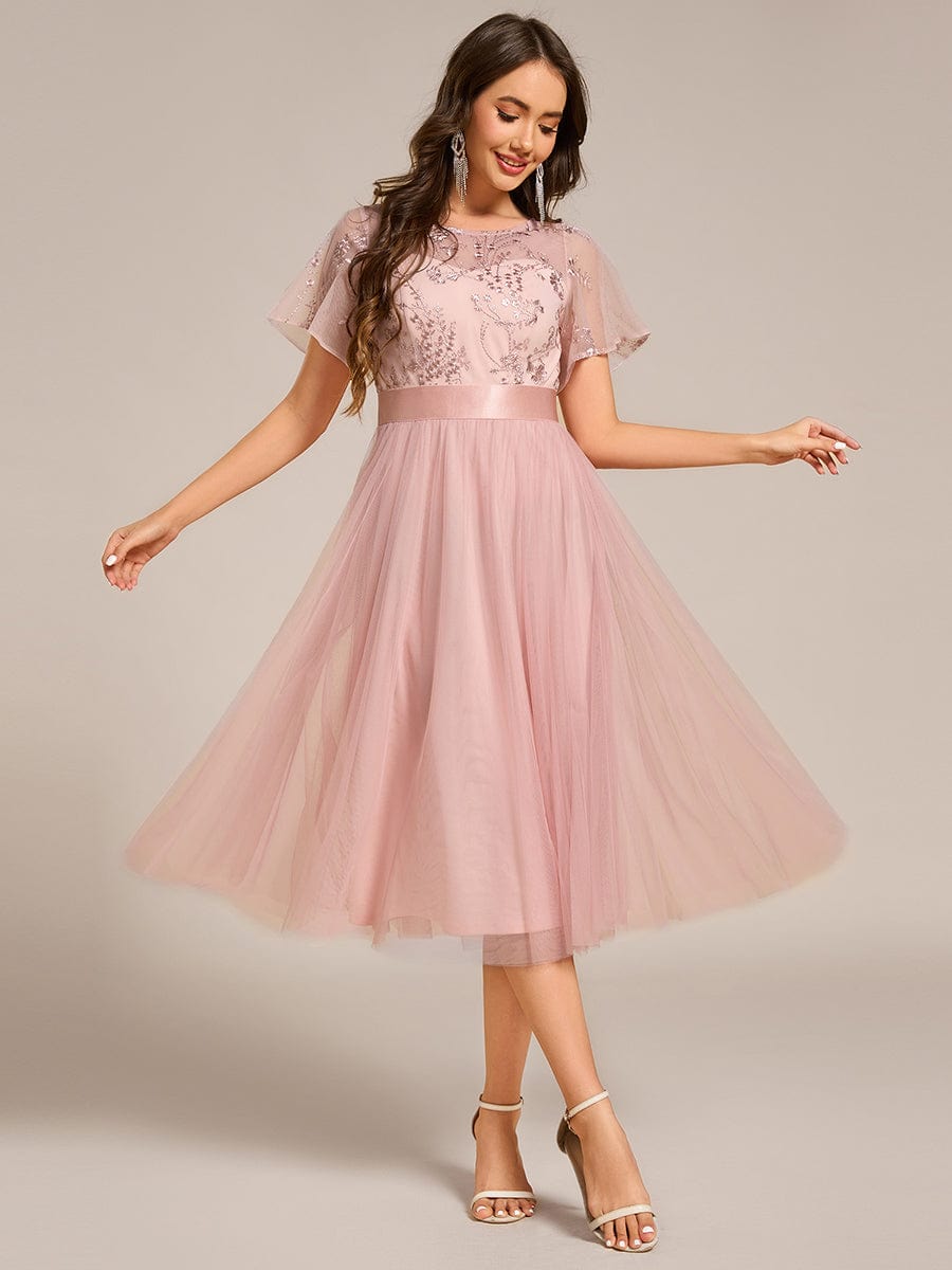 Deluxe A-Line Tea-Length Tulle Junior Bridesmaid Dress with Sash