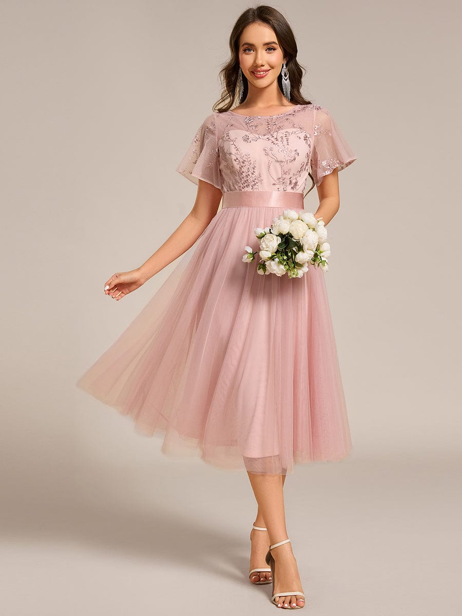 Deluxe A-Line Tea-Length Tulle Junior Bridesmaid Dress with Sash