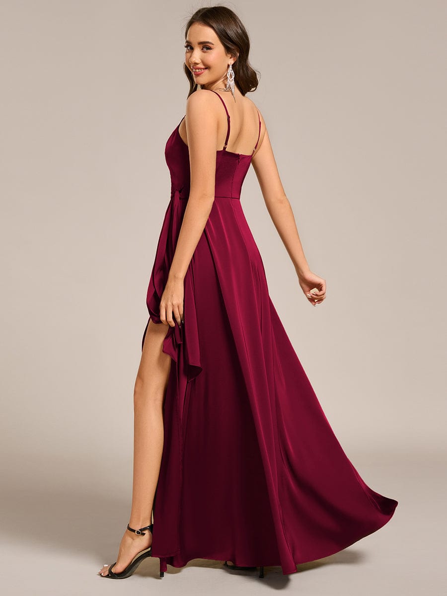 Delicate V-Neck Spaghetti Straps A-Line Satin Bridesmaid Dress with Slit
