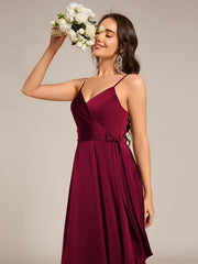 Delicate V-Neck Spaghetti Straps A-Line Satin Bridesmaid Dress with Slit
