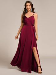 Delicate V-Neck Spaghetti Straps A-Line Satin Bridesmaid Dress with Slit