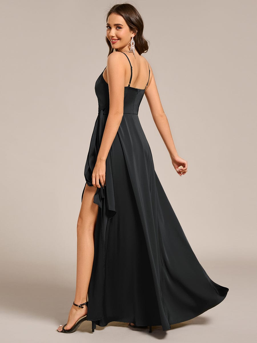 Delicate V-Neck Spaghetti Straps A-Line Satin Bridesmaid Dress with Slit
