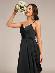 Delicate V-Neck Spaghetti Straps A-Line Satin Bridesmaid Dress with Slit