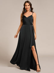 Delicate V-Neck Spaghetti Straps A-Line Satin Bridesmaid Dress with Slit