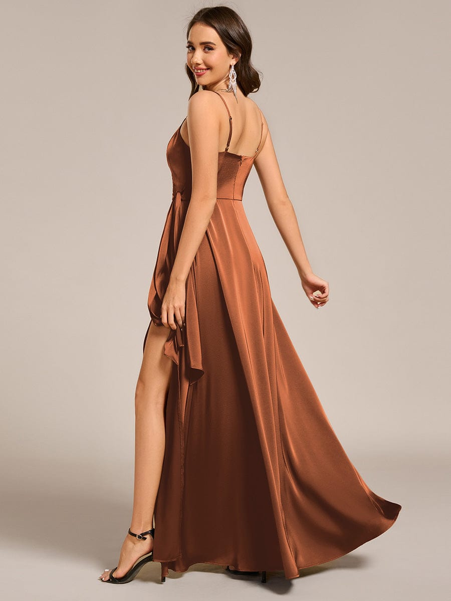 Delicate V-Neck Spaghetti Straps A-Line Satin Bridesmaid Dress with Slit