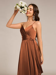 Delicate V-Neck Spaghetti Straps A-Line Satin Bridesmaid Dress with Slit