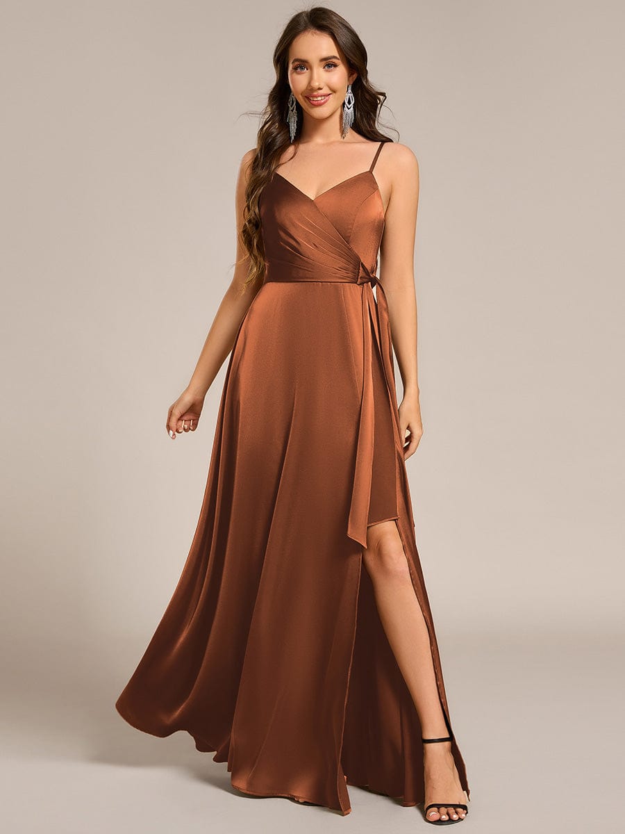 Delicate V-Neck Spaghetti Straps A-Line Satin Bridesmaid Dress with Slit