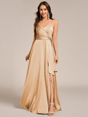 Delicate V-Neck Spaghetti Straps A-Line Satin Bridesmaid Dress with Slit