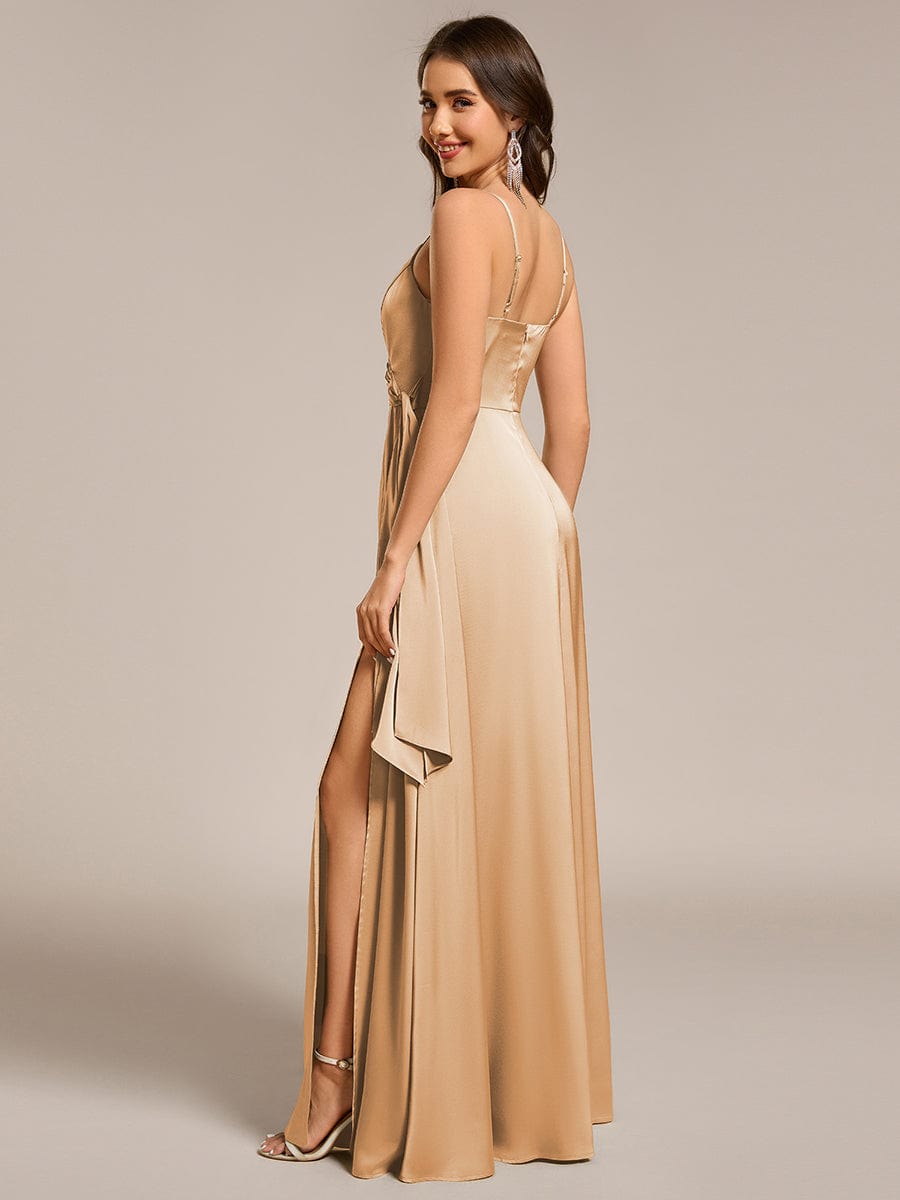 Delicate V-Neck Spaghetti Straps A-Line Satin Bridesmaid Dress with Slit