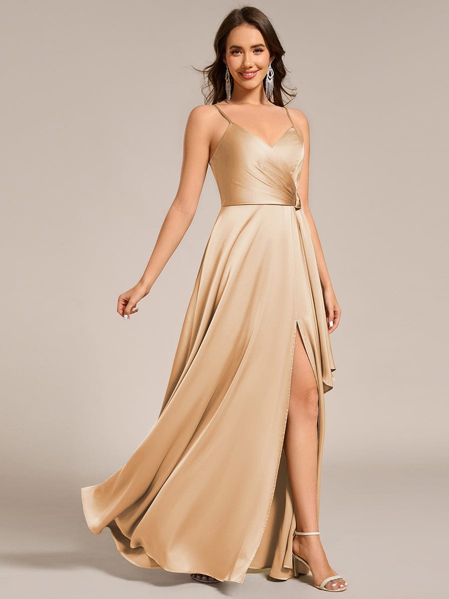 Delicate V-Neck Spaghetti Straps A-Line Satin Bridesmaid Dress with Slit