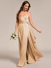 Delicate V-Neck Spaghetti Straps A-Line Satin Bridesmaid Dress with Slit