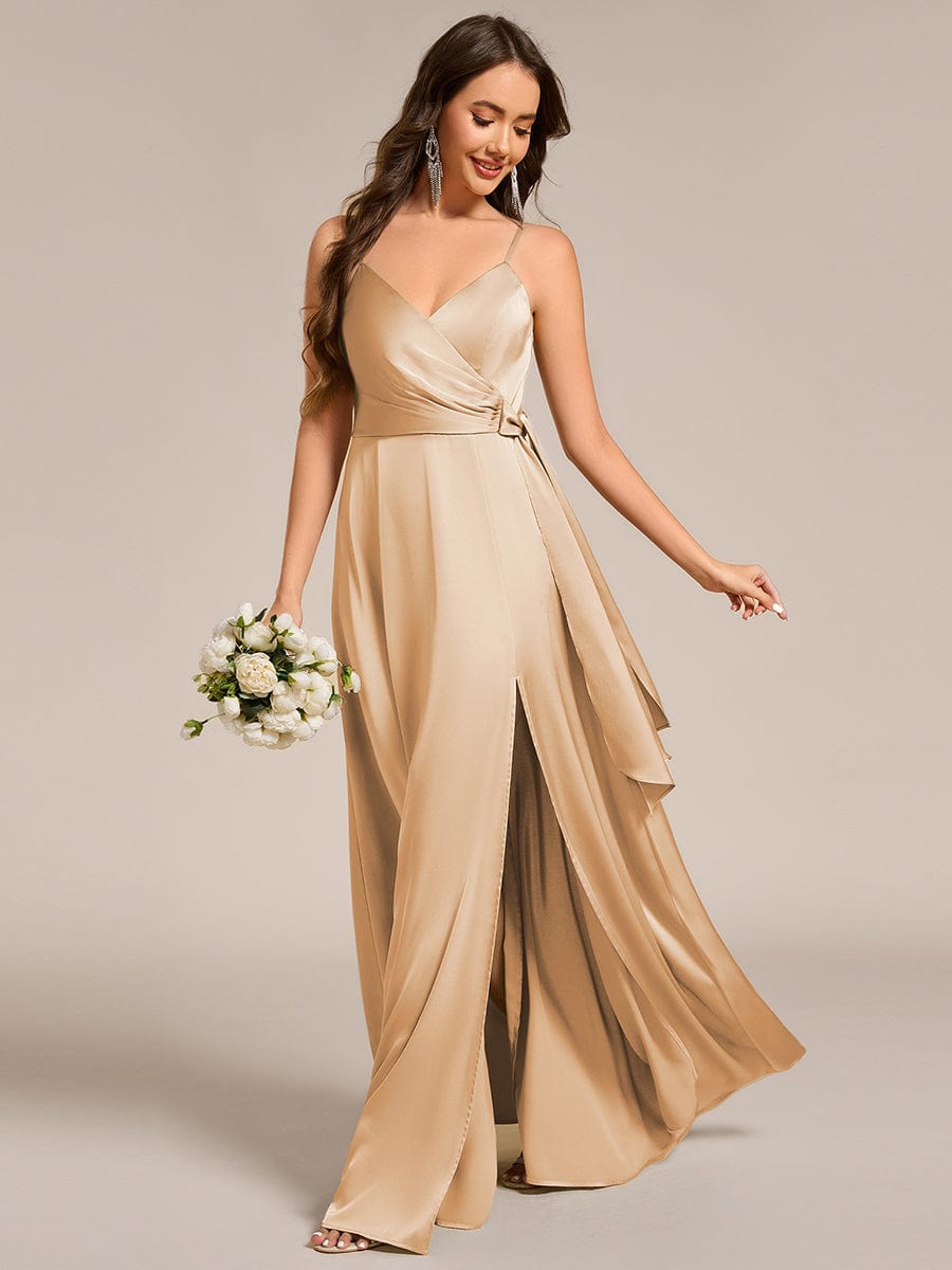 Delicate V-Neck Spaghetti Straps A-Line Satin Bridesmaid Dress with Slit