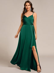 Delicate V-Neck Spaghetti Straps A-Line Satin Bridesmaid Dress with Slit